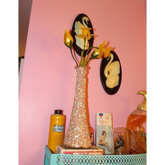 Vintage Florida Souvenir Tiny Shells Encrusted Covered Flower Glass Vase glitter - Picture 8 of 14